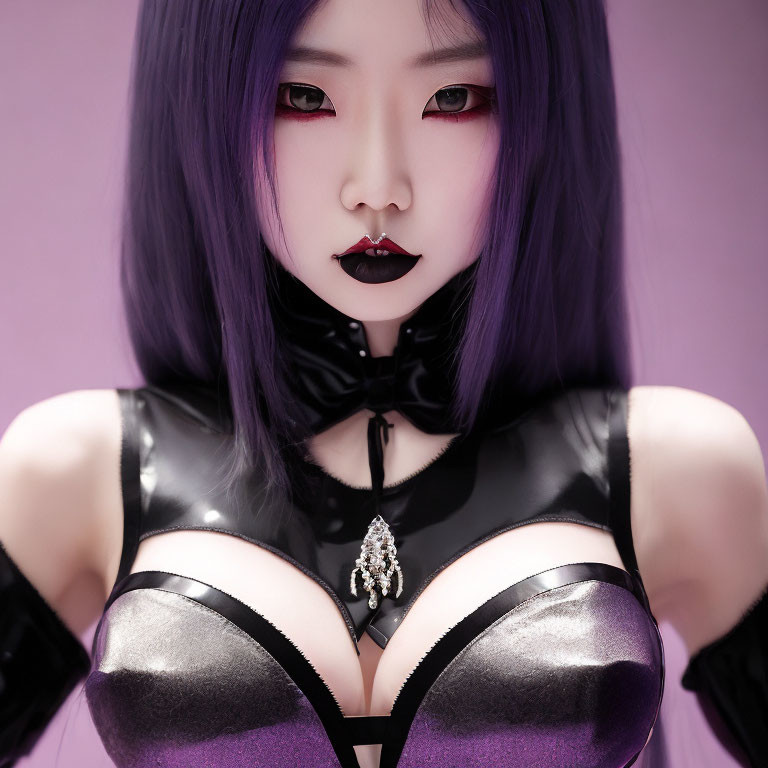 Purple-haired person in leather outfit with choker and pendant.