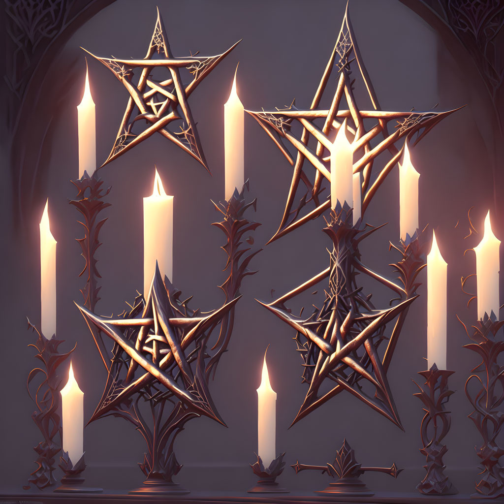 Gothic arch backdrop with illuminated candles and metallic pentagrams