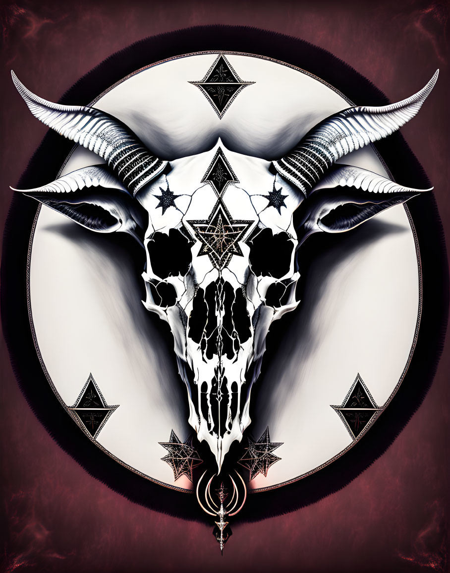 Stylized white bull skull with horns on crimson background, featuring geometric shapes and mystical symbols.