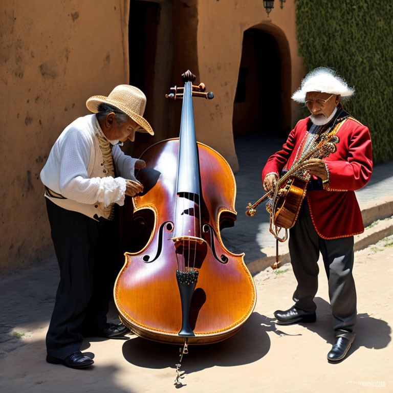 Musicians in traditional attire play cello and saxophone outdoors.