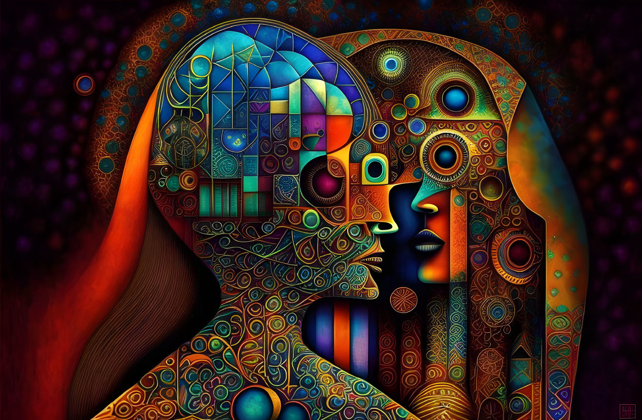 Vibrant digital artwork: Two profile faces with intricate geometric patterns