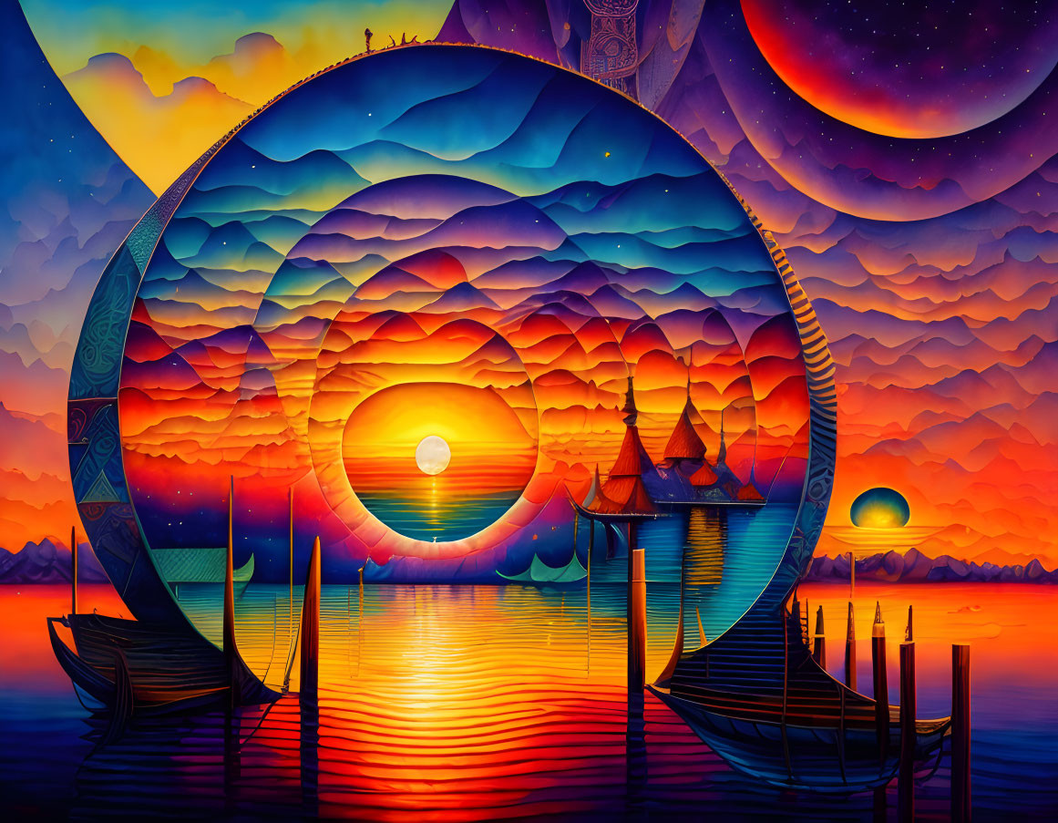 Colorful surreal landscape with layered mountains, circular sunset, traditional boats, docks, and starry sky