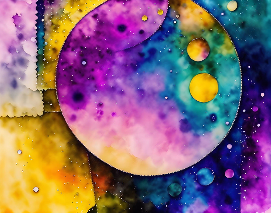 Vibrant Watercolor Art: Celestial Bubble Patterns & Cosmic Details