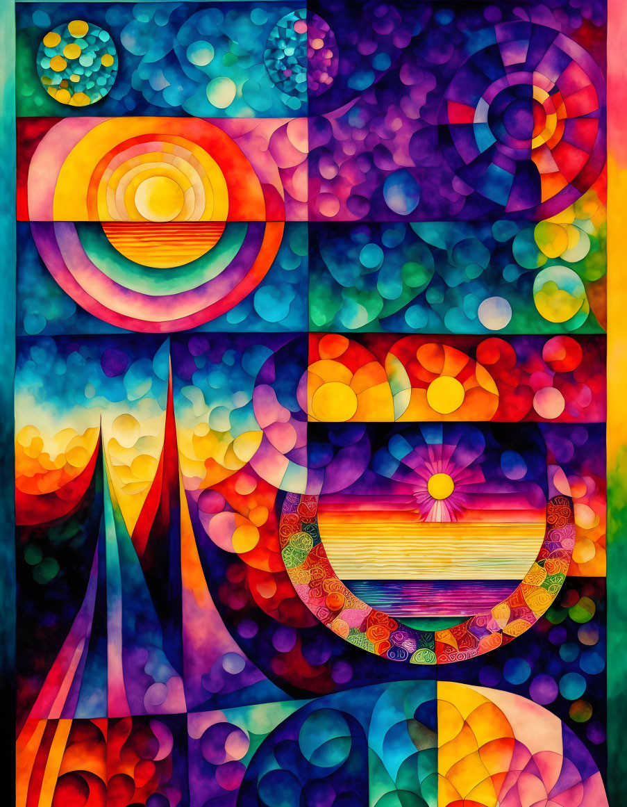 Colorful Abstract Painting with Geometric Shapes and Flowing Patterns