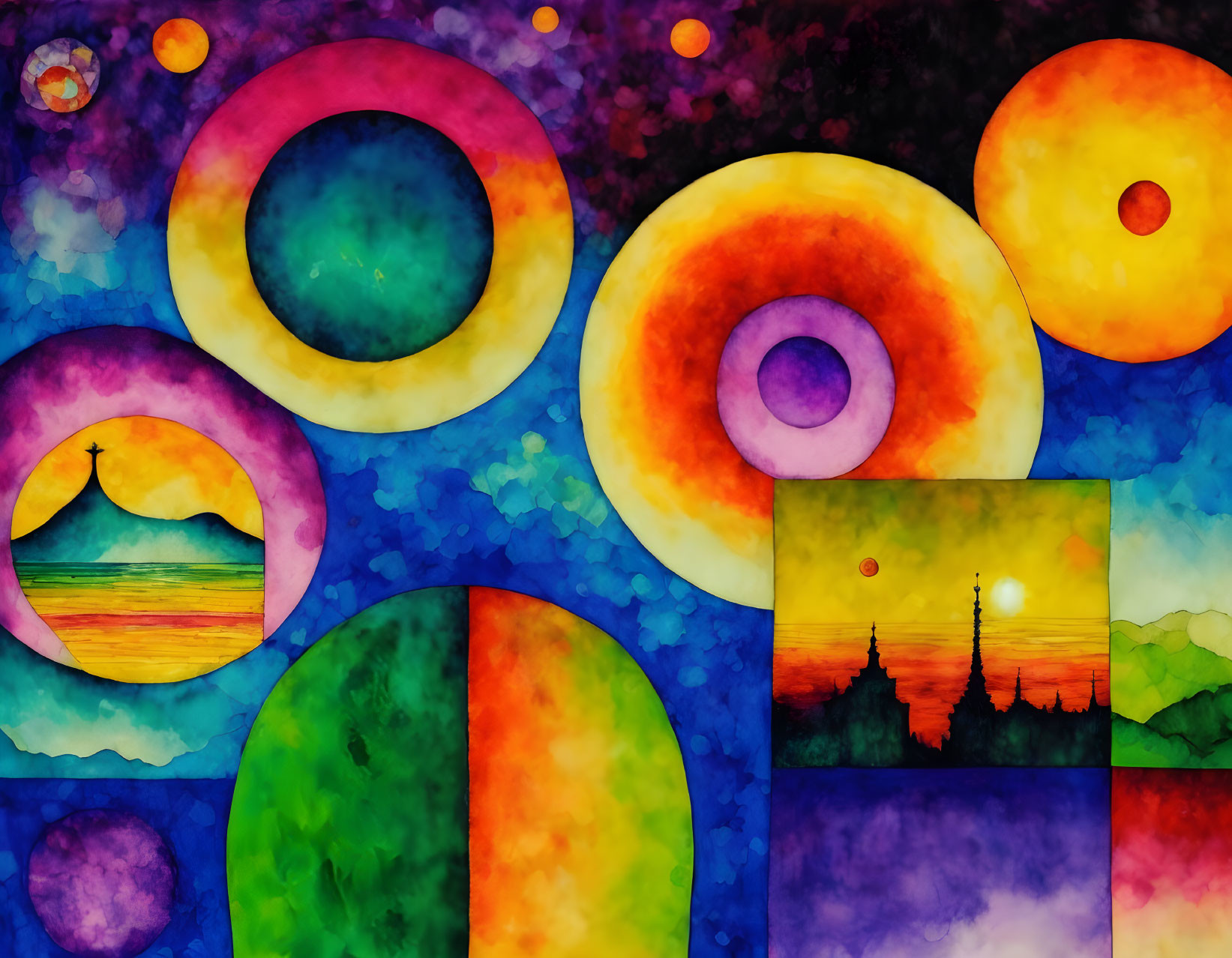 Colorful Abstract Watercolor Painting with Vibrant Circles and Mosaic Textures