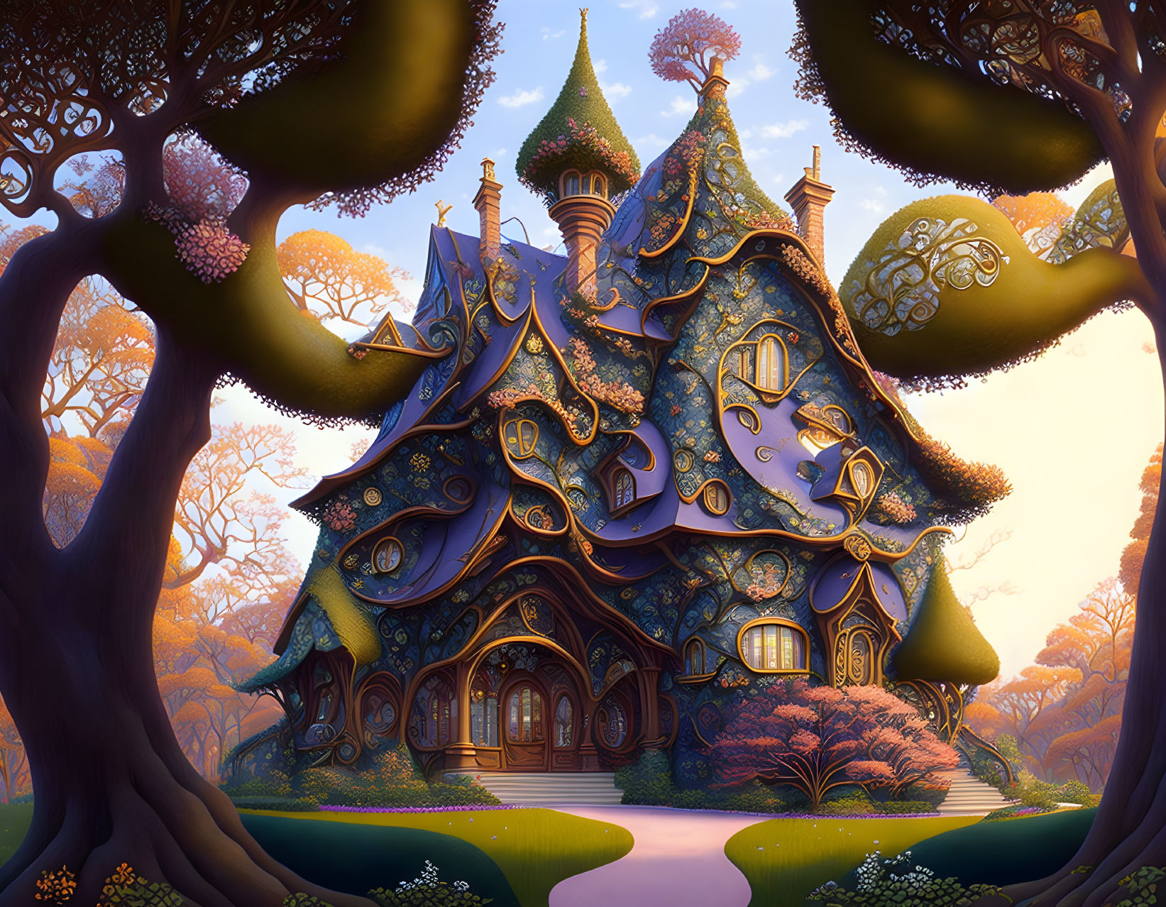 Whimsical fairytale cottage in magical forest twilight