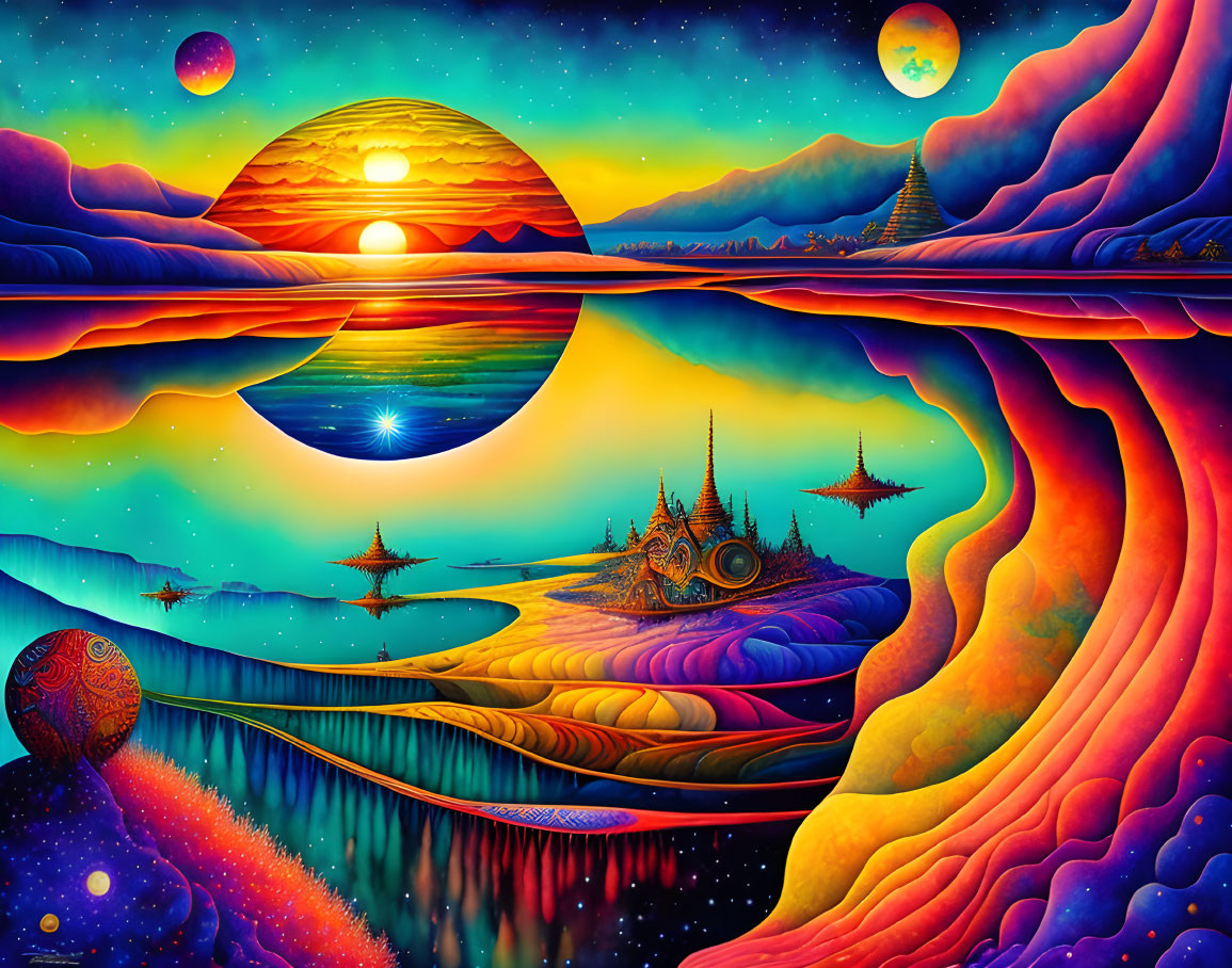 Colorful Psychedelic Landscape with Multiple Moons and Waterfall