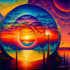Colorful surreal landscape with layered mountains, circular sunset, traditional boats, docks, and starry sky
