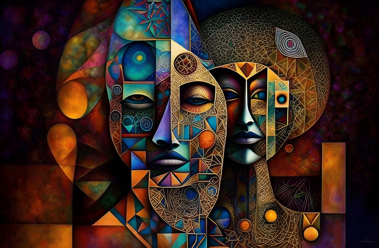 Colorful geometric faces in abstract art on dark background