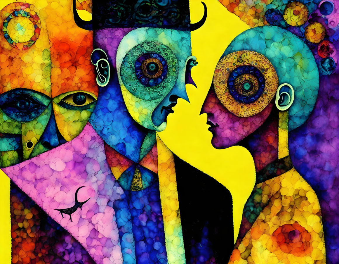 Colorful Abstract Painting with Multiple Eyes and Faces in Cubist Style