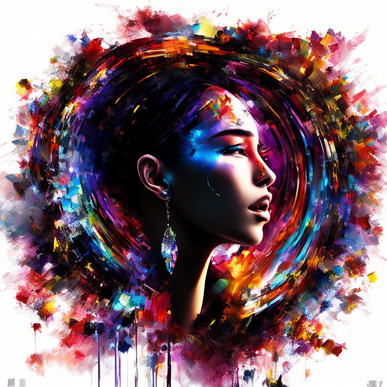 Colorful Abstract Digital Painting of Woman's Profile with Vibrant Splash of Colors