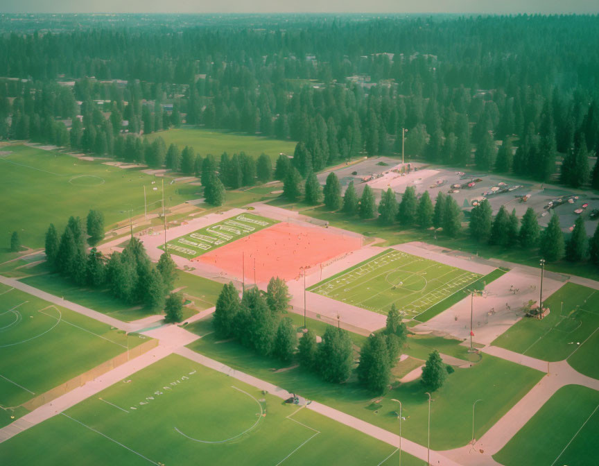 Sports complex with green fields, red track, parking, and trees in aerial view