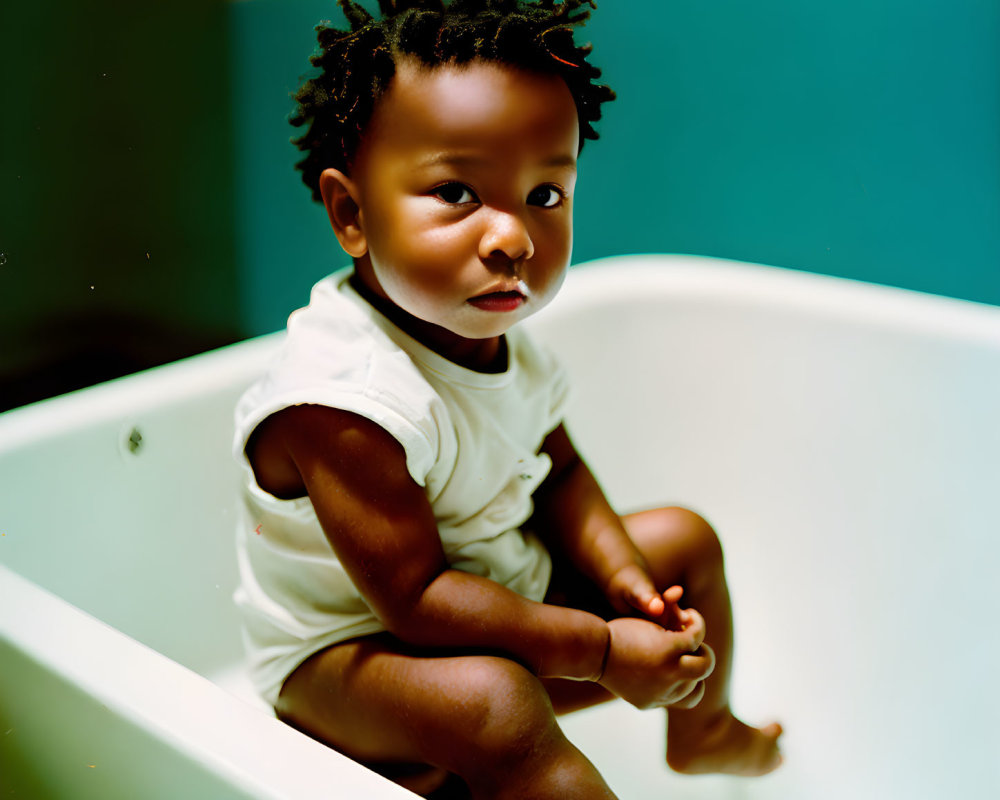 Curly-Haired Toddler in Empty Bathtub with White Top