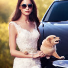Woman in white dress poses with puppy next to car in sunny field