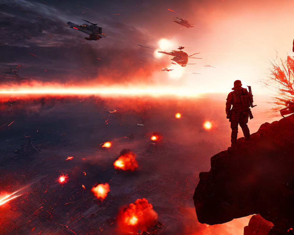 Soldier observing fiery battleground with explosions and spacecraft in dramatic sky