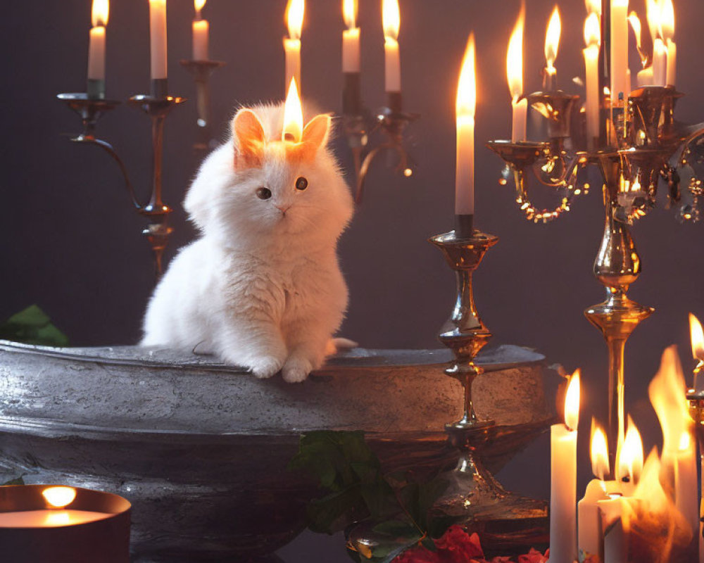 Fluffy white cat by candelabra in warm candlelight