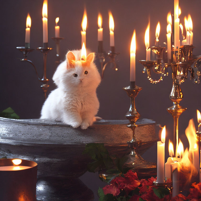 Fluffy white cat by candelabra in warm candlelight