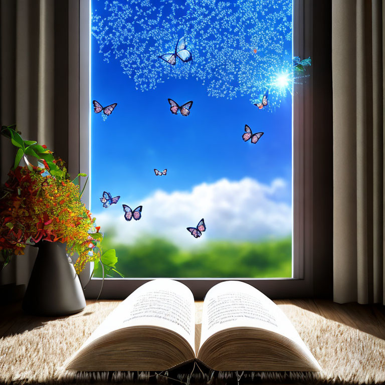Open book on windowsill with flowers and butterflies under sunny sky