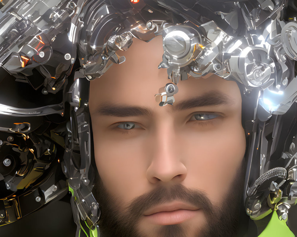 Bearded man with intense gaze wearing high-tech helmet with complex machinery