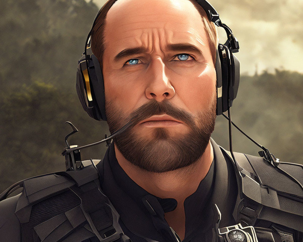 Male character in tactical gear with headset against blurred background
