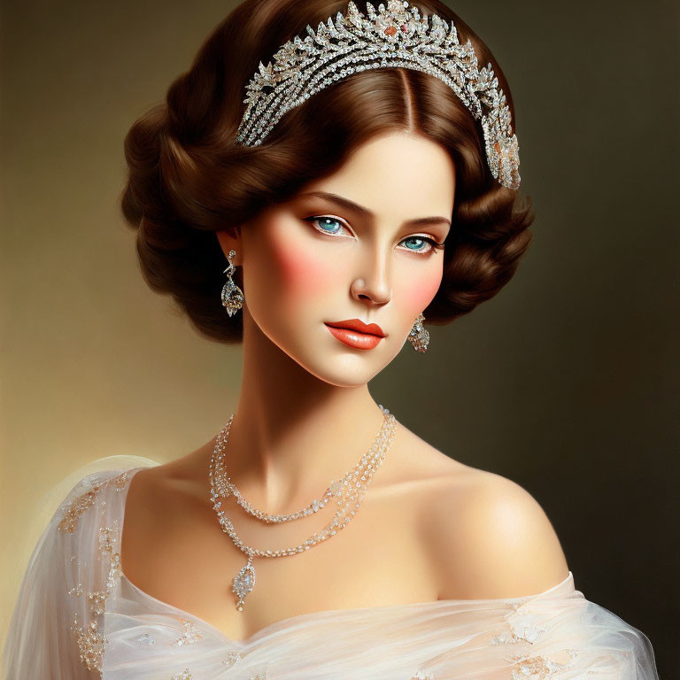 Regal woman digital portrait with jeweled tiara and white dress