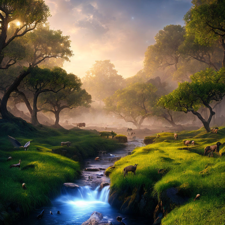 Tranquil forest landscape with blue stream, lush greenery, grazing animals, and dynamic lighting.