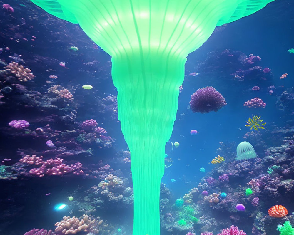 Colorful Underwater Scene with Glowing Green Jellyfish and Coral Reefs