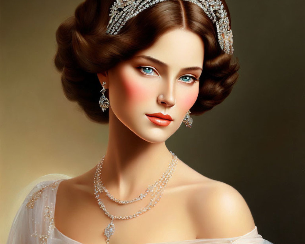 Regal woman digital portrait with jeweled tiara and white dress