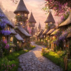 Charming village scene: thatched roofs, cobblestone path, blooming trees, glowing lantern