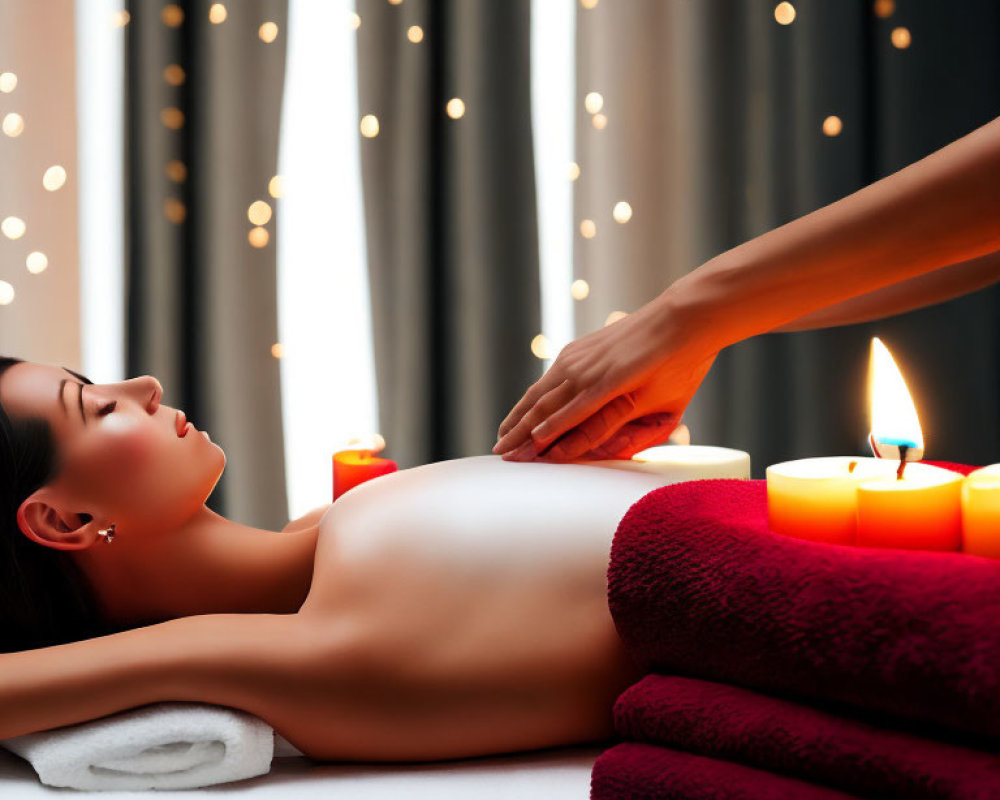 Person receiving back massage in serene candlelit setting