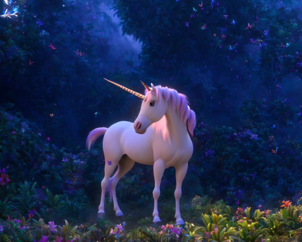 Majestic unicorn in mystical forest with flowers and butterflies at twilight