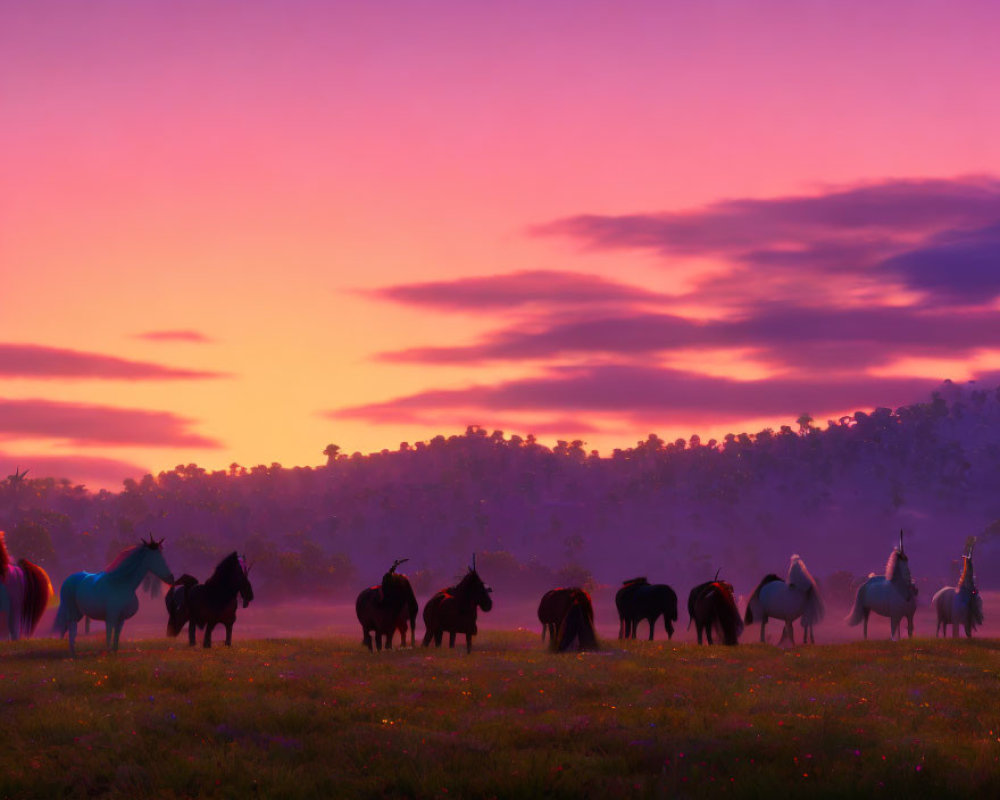 Colorful stylized horses grazing at sunrise in vibrant field scene