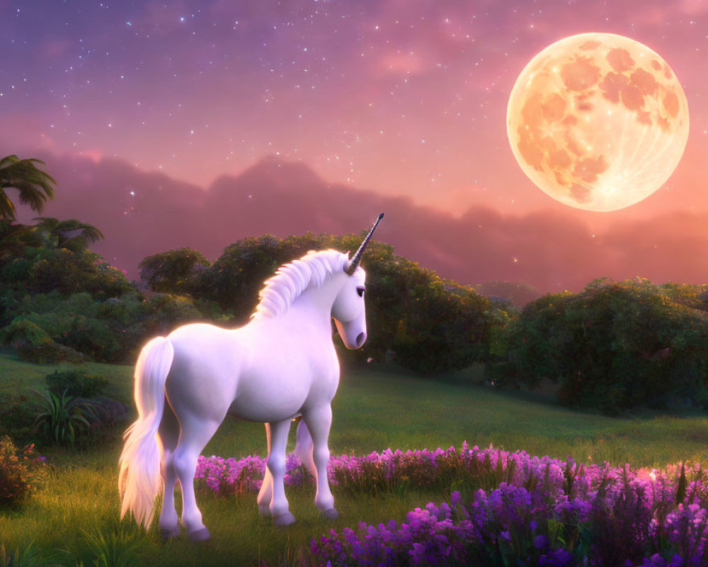 Majestic unicorn in vibrant meadow under starry sky