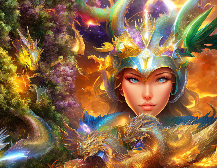 Fantasy illustration of woman with dragon helmet in cosmic setting
