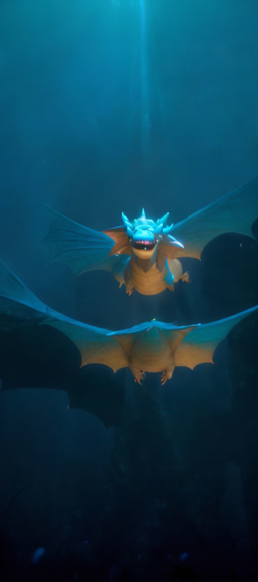 Vibrant Yellow and Blue Dragon Underwater with Spread Wings