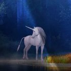 Majestic unicorn in mystical forest with flowers and butterflies at twilight