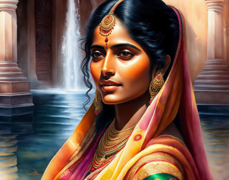 Traditional Indian Attire Woman Painting with Water and Architecture