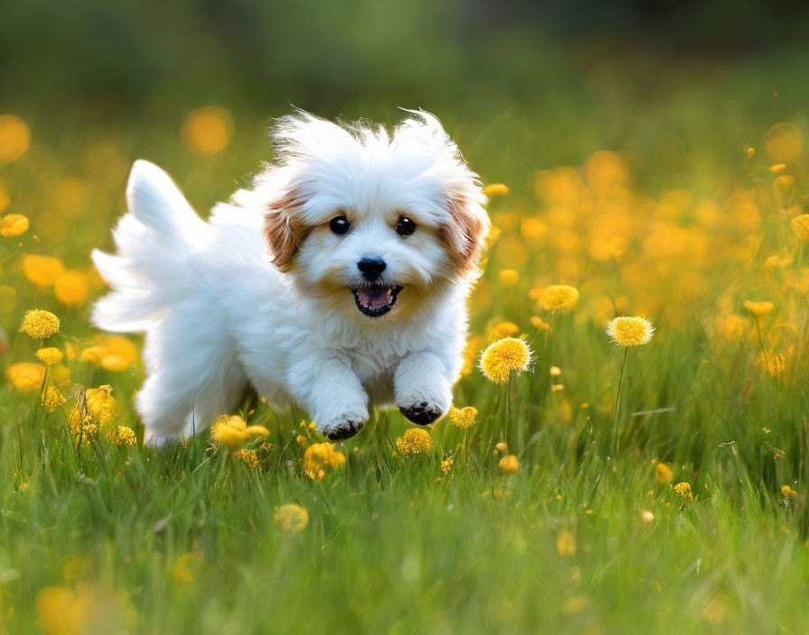 Fluffy White and Tan Puppy Running in Sunlit Field