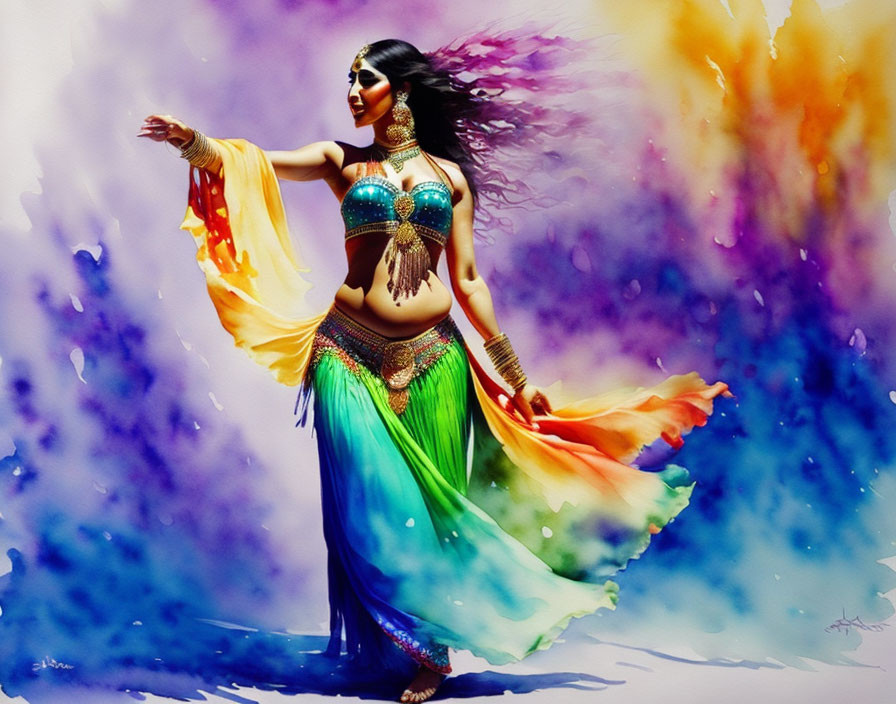 Woman Belly Dancing in Vibrant Attire on Colorful Abstract Background