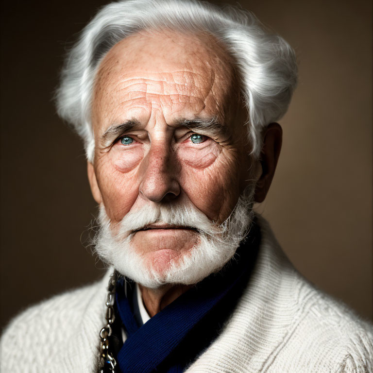 Elderly man with white beard and hair in white sweater and blue scarf