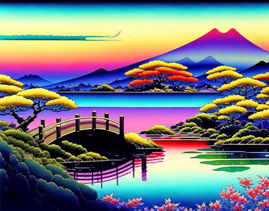 Colorful Japanese landscape with Mount Fuji, bridge, and trees.