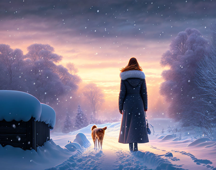Person and dog on snowy path with snow-covered trees under dusk sky.