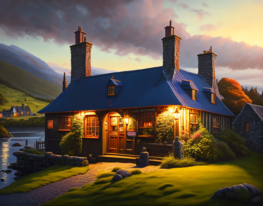 Tranquil sunset scene of a cozy cottage-style pub by a lake