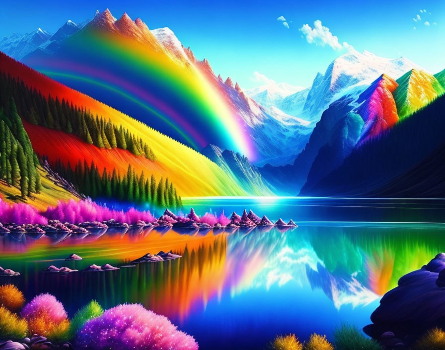 Colorful surreal landscape with rainbow, multicolored mountains, mirror-like lake, vivid flora, and