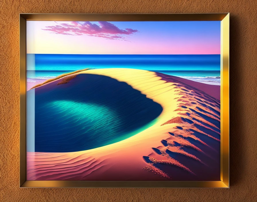 Surreal landscape artwork: vibrant blue ocean, pink sky, wave-like sand dune