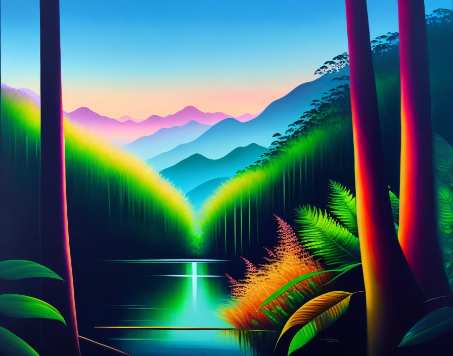 Vibrant digital art: tropical landscape with glowing flora, waterfall, mountains, colorful sky