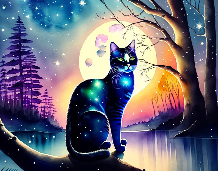Cosmic-Patterned Cat on Branch by Moonlit Lake and Silhouetted Trees
