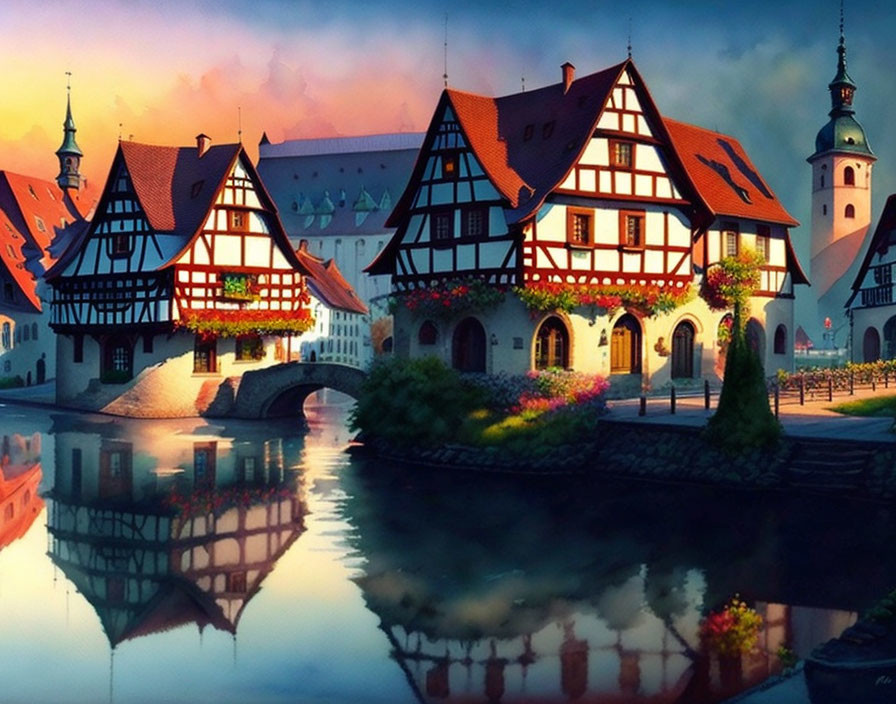 Half-Timbered Houses with Flowers Along Calm River at Sunset