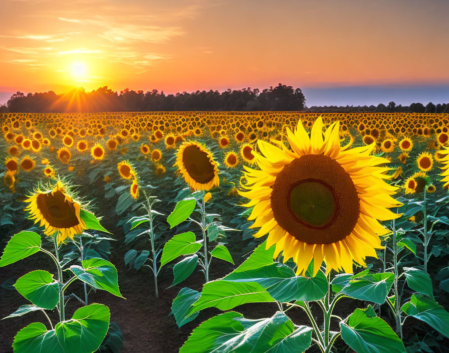 Vibrant sunset over sunflower field with large sunflower in foreground