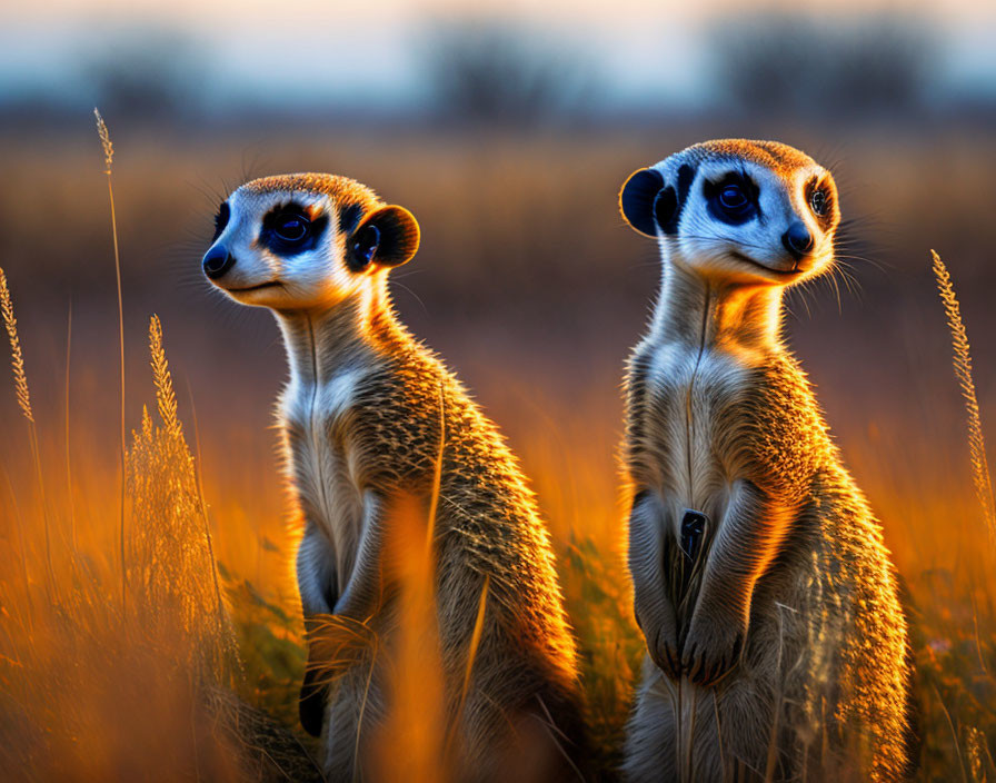 Two meerkats in golden sunlight amidst tall grass, gazing apart